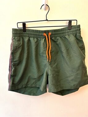 Swims SWMS army green swim trunks with orange accents and 4 inch inseam size XL